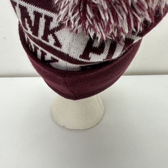Victorias Secret PINK Beanie Hat Winter Cap Maroon White Knit - Picture 5 of 11
